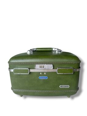 Vintage American Tourister Escort Train Case Olive Green w/ Mirror Pouch No Tray